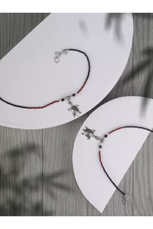 Priyaasi Set of 2 Black & Silver-Toned & Plated Beaded Oxidized Anklets