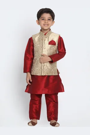 Vastramay Boys Maroon & Gold-Toned Solid Kurta with Churidar & Jacket