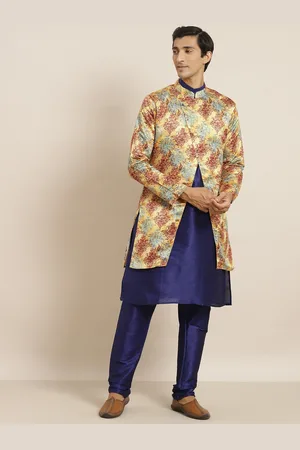 SOJANYA Men Navy Blue & Mustard Yellow Solid Kurta with Churidar & Ethnic Printed Jacket