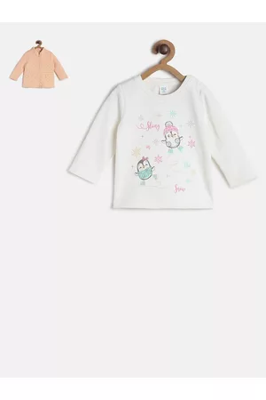 MINI KLUB Girls White & Beige Printed T-Shirt With Jacket