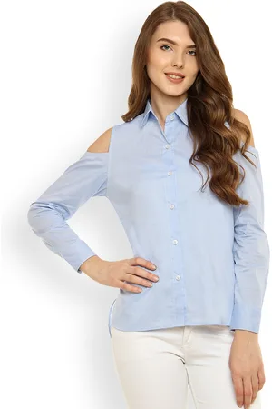 Miss Chase Women Blue Solid Shirt Style Pure Cotton Top