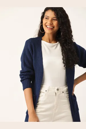DressBerry Women Navy Blue Ribbed Longline Front-Open Sweater