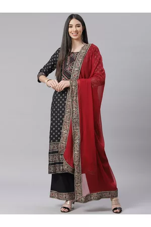 Tulsattva Women Black & Red Ethnic Motifs Print Kurta with Palazzos & Dupatta