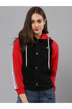Campus Women Black Red Windcheater Longline Denim Jacket