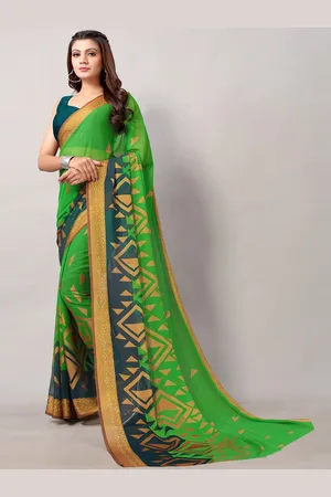 HRITIKA Green & Gold-Toned Printed Zari Brasso Saree