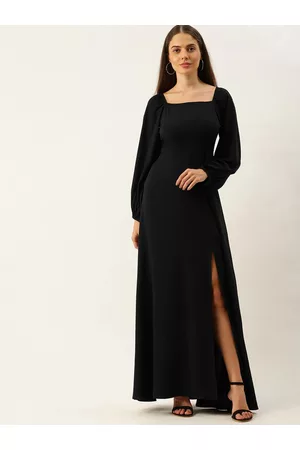 Berrylush Women Black Crepe High Slit Maxi Dress