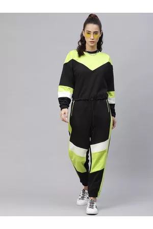 Laabha Women Black & Lime Green Colourblocked Track Suit