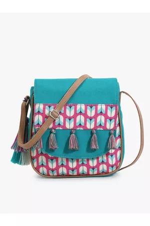 Anekaant Sea Green Printed Half Moon Sling Bag with Tasselled