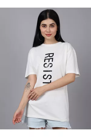 DOOR74 Women Off White Typography Printed Drop-Shoulder Sleeves Oversized Loose T-shirt