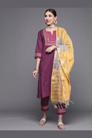 Biba Women Burgundy & Yellow Yoke Design Gotta Patti Kurta with Trousers & Dupatta