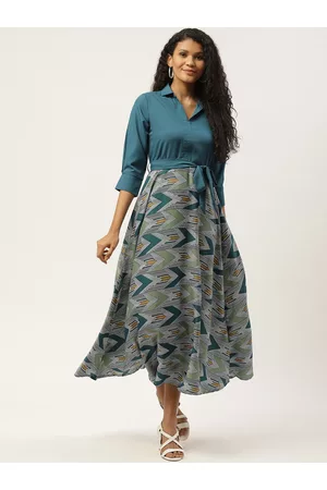 Deewa Women Teal Blue & White Printed Shirt Maxi Dress
