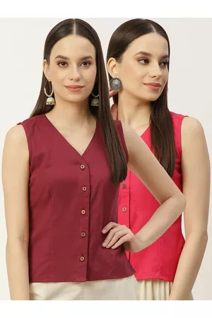 Molcha Women Pack Of 2 Pink & Maroon Solid Cotton Long Saree Blouse