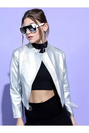 Tokyo Talkies Women Silver Crop Biker Jacket