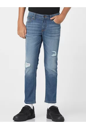 JACK & JONES Boys Blue Straight Fit Mildly Distressed Heavy Fade Jeans