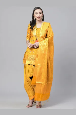 Chhabra 555 Women Mustard Yellow Ethnic Motifs Embroidered Chanderi Cotton Kurti with Patiala & With Dupatta