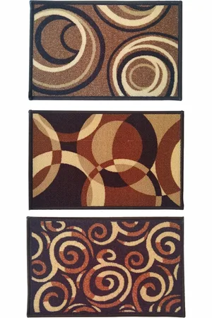 Athom Trendz Set Of 3 Brown & Yellow Patterned Anti Skid Rectangular Door Mats
