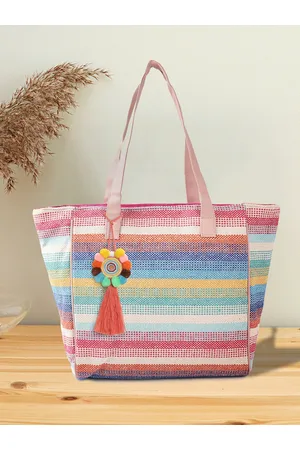 Sangria Multicoloured Jacquard Woven Design Structured Shoulder Bag with Pom-Pom Tasselled