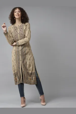 Cayman Women Beige & Charcoal Grey Woven Design Pure Wool Straight Winter Kurta