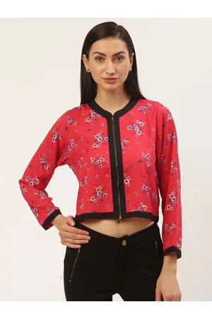 Antheaa Women Pink Floral Print Crop Tailored Jacket