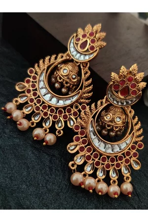 Binnis Wardrobe Women Gold-Toned Gold Plated Contemporary Kundan Dangler Drop Earrings
