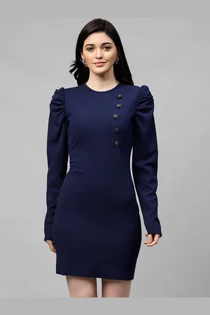ATHENA Women Navy Blue Solid Sheath Dress With Puff Sleeves