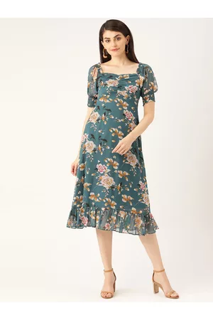 20Dresses Women Teal Green & Off-White Floral Print Off-Shoulder A-Line Dress