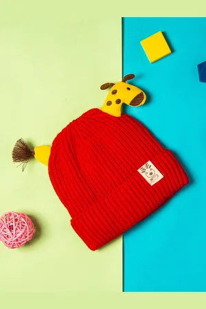 Baby Moo Kids Red & Yellow 3D Reindeer Antler Woolen Beanie