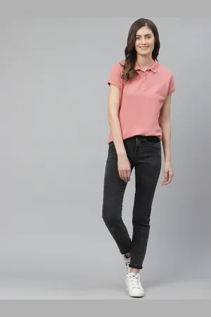 HERE&NOW Women Peach-Coloured Solid Polo Collar T-shirt