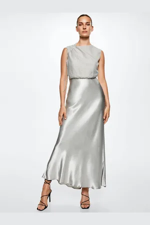 MANGO Women Grey Striped A-Line Midi Dress