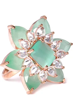 JEWELS GEHNA Sea Green Rose Gold-Plated AD-Studded Handcrafted Adjustable Floral Ring