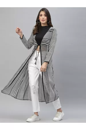 KASSUALLY Women Black & White Printed Longline Tie-Up Shrug