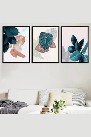 Art Set Of 3 Beige & Green Floral Theme Framed Art Print Paintings