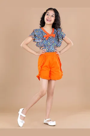 Cutiekins Girls Blue & Orange Floral Printed Flutter Sleeves Top with Shorts