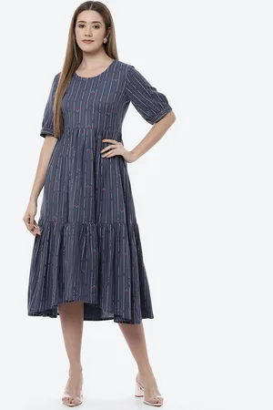 Rangriti Woman Navy Blue Striped Ethnic A-Line Midi Dress