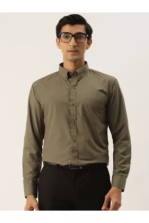 English Navy Men Olive Green Solid Slim Fit Formal Shirt