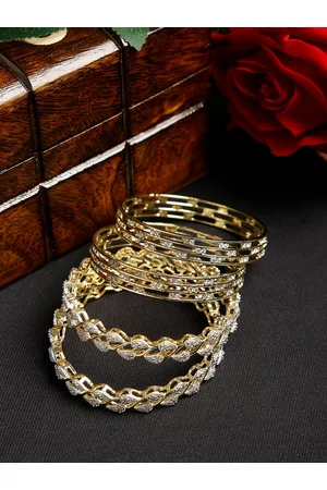 YouBella Set of 4 Silver-Toned Gold-Plated Stone Studded Bangles