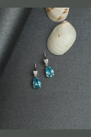 CLARA Rhodium-Plated Turquoise Blue & Silver-Toned Teardrop Shaped Drop Earrings