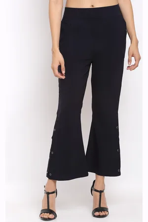 NEUDIS Women Navy Blue Smart Bootcut Trousers With Side Slits