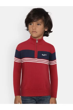 Pepe Jeans Boys Red & Navy Blue Placement Striped Pullover Sweater
