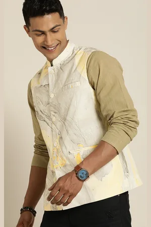 Taavi Men Grey & Yellow Marbling Pure Cotton Nehru Jacket With Mandarin Collar