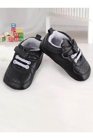 Baby Moo Unisex Kids Black Solid Leather Velcro Booties