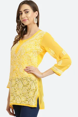 FAWOMENT Yellow Floral Chikankari Embroidered Kurti