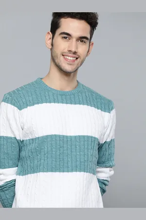 Mast & Harbour Men Sea Green & White Cable Knit Striped Pullover Sweater