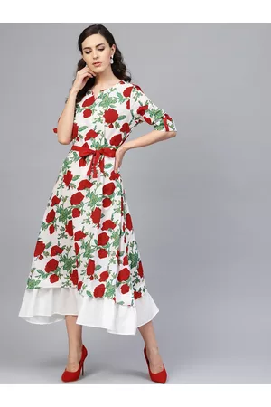 Jaipur White & Red Floral Hand Block Printed Pure Cotton Dress