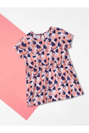 Ralph Lauren Peach-Coloured & Navy Blue Printed Pure Cotton Fit & Flare Dress
