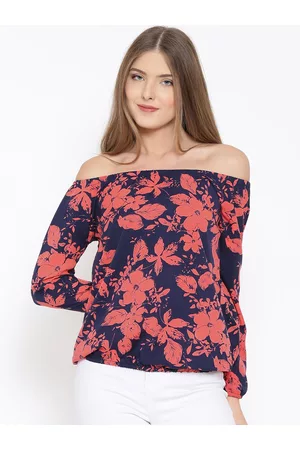 Rare Fashion Women Navy & Coral Pink Printed Crepe Off-Shoulder Top