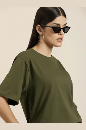 Difference of Opinion Women Olive Green Solid Pure Cotton Oversized T-shirt