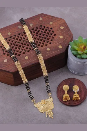 Brandsoon Gold-Plated & Black Beaded Mangalsutra With Earrings