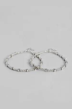 LAIDA Set of 2 Oxidized Silver-Plated Beaded Handcrafted Anklets