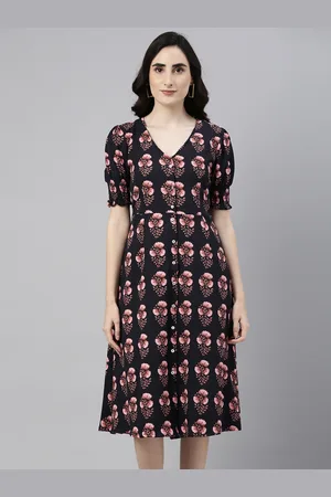 Campus Black & Pink Floral Printed Puff Sleeved Crepe Dress